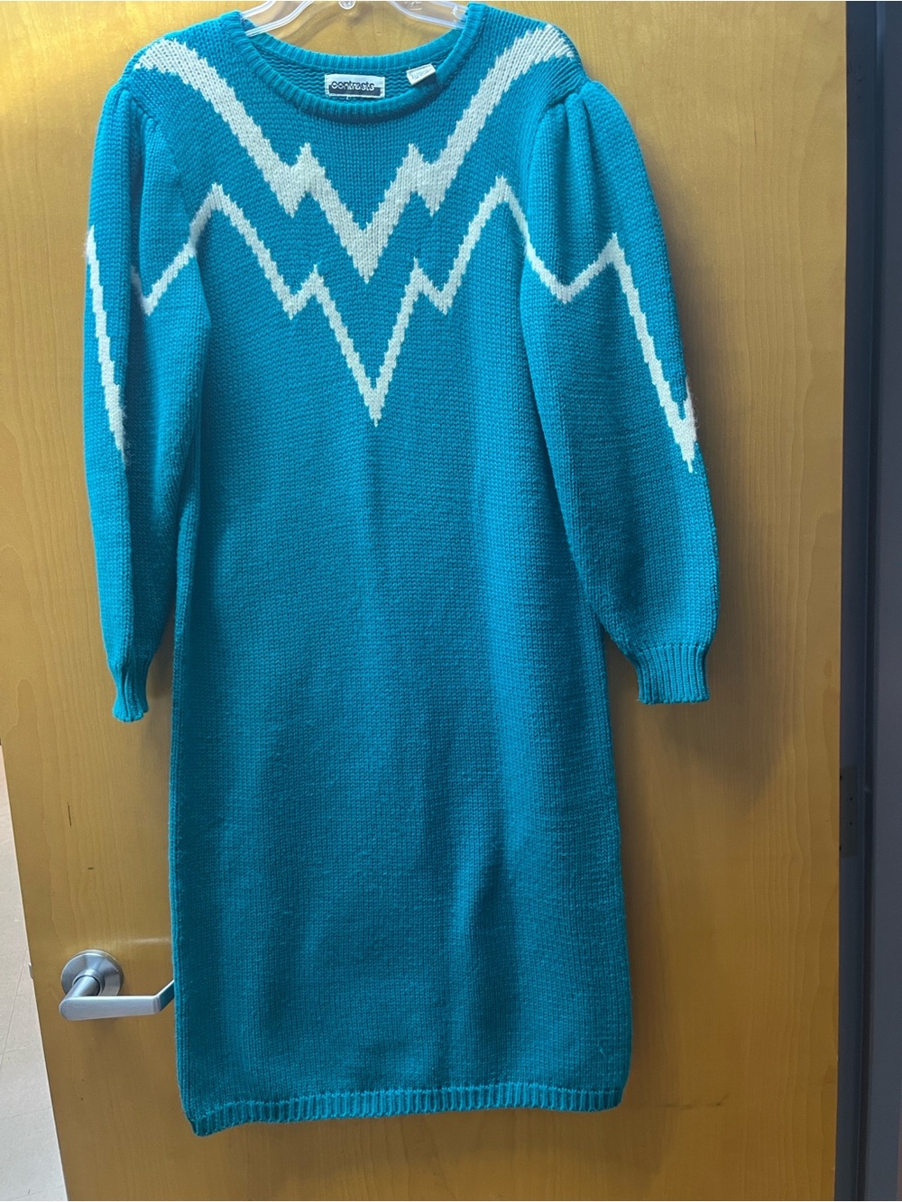 Contrast Chevron Sweater Dress - Teal & White